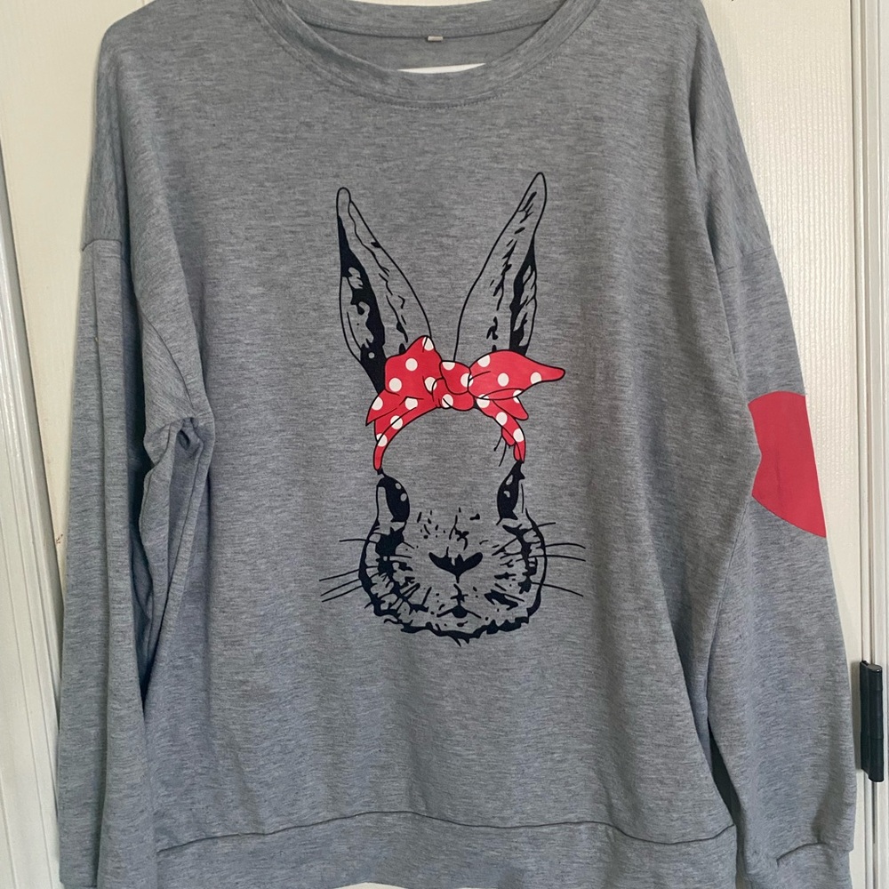 Gray Sweatshirt with Bunny Print and Red Accents